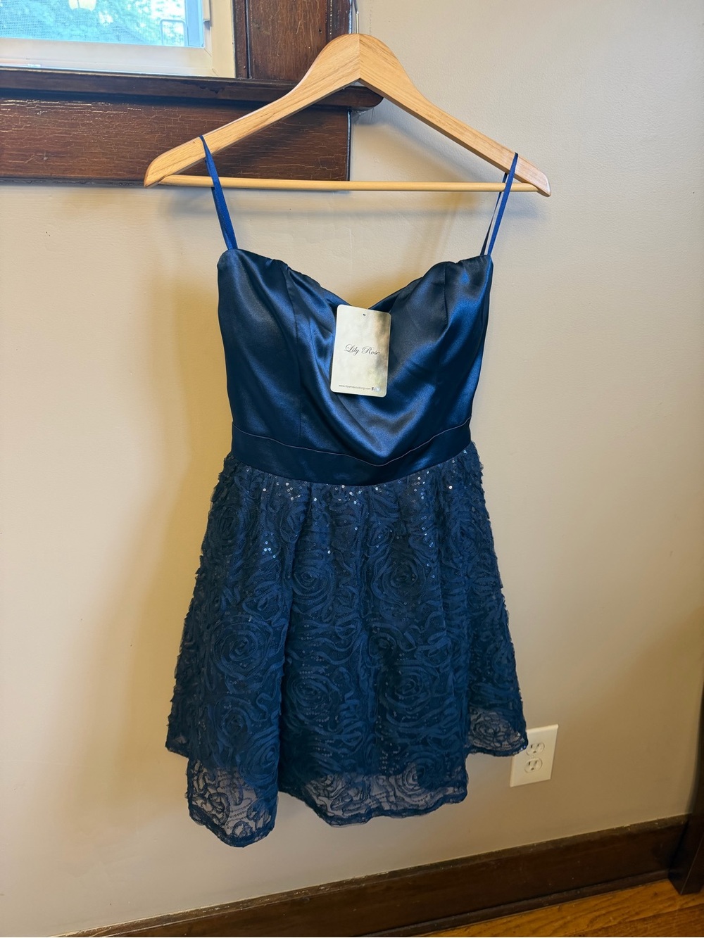 Lily Rose Navy Satin & Lace Floral Appliqué Party Dress